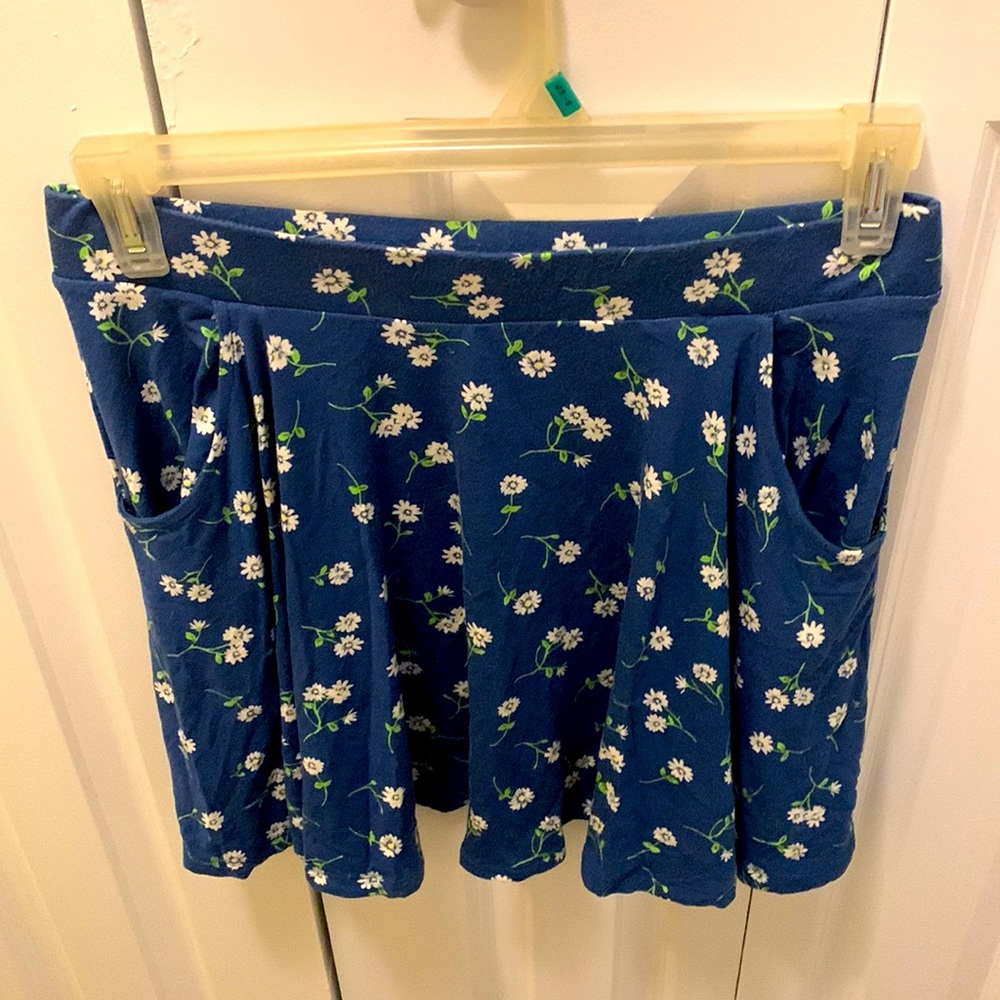 Blue Floral Skater Skirt With Pockets